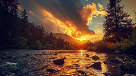 Fantastic sunset over mountain river. Dramatic scene. Beauty world.の素材