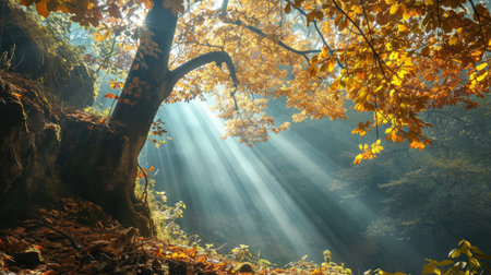 Beautiful autumn forest with sunbeams shining through the trees.の素材