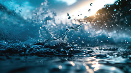 Water splashes with drops of water on a dark blue background.の素材