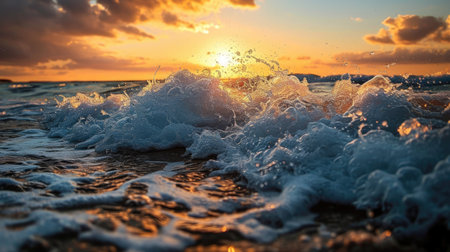 Beautiful sunset on the beach with waves and splashes of waterの素材