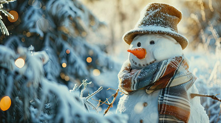 Snowman in the winter forest. Christmas and New Year concept.の素材
