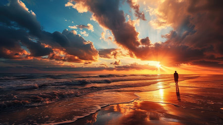 Beautiful seascape. Sunset over the sea. Dramatic sky.の素材