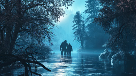 A man and a woman are standing in the middle of a frozen river.の素材