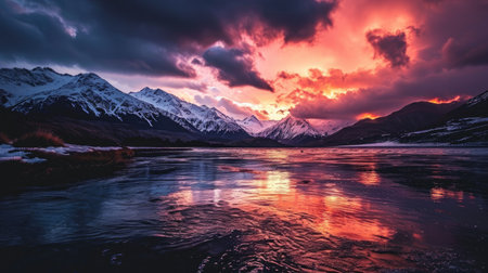 Sunset in Patagonia, Argentina, South America. Beautiful winter landscape.の素材