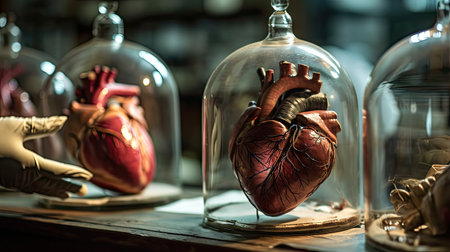 Human heart in a glass vase on a shelf in a medical laboratoryの素材