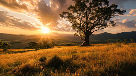Sunset over a meadow with trees and mountains in the backgroundの素材