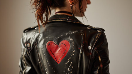 Close-up of a woman in a leather jacket with a red heartの素材