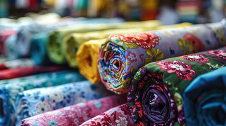 Colorful fabric for sale at a market in India, Asia.の素材