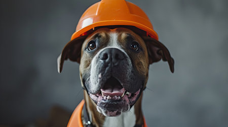 boxer dog in orange hard hat on grey background, portrait.の素材