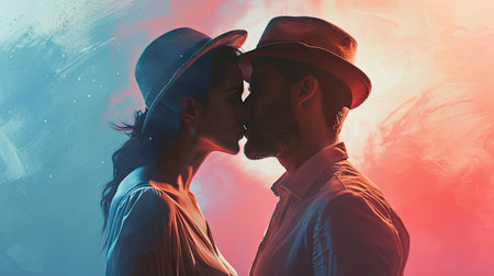 Side view of young man and woman in hats kissing each other on colorful backgroundの素材