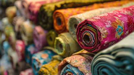 Colorful fabric rolls in the market, closeup of photo.の素材