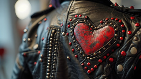 Black leather jacket with red heart in the store window, close-upの素材