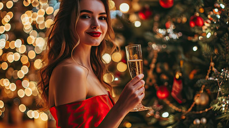 Beautiful girl in a red dress with a glass of champagne on the background of the Christmas tree.の素材