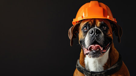 Boxer dog in orange hard hat on black background, space for textの素材