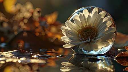 crystal ball with daisy flower and autumn leaves on water surfaceの素材