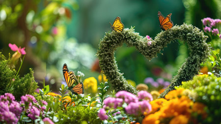 Butterflies on a heart shaped flower bed with flowers and plantsの素材