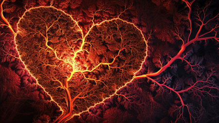 Heart shape with lightning in dark space, computer generated abstract background, 3D renderingの素材