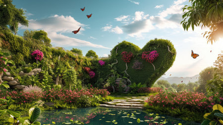 3D rendering of a heart shaped garden with flowers and butterflies.の素材