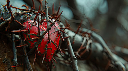 Red heart on a tree branch in the forest, symbol of loveの素材