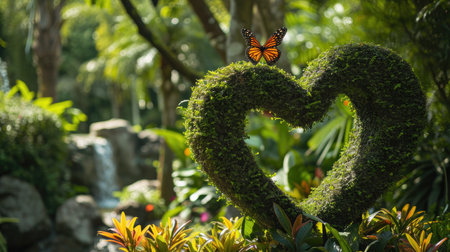 Butterfly on green heart shape in the garden, love conceptの素材