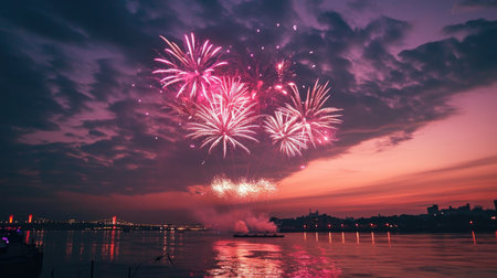 Colorful fireworks of various colors over the cityscape of Istanbul, Turkeyの素材