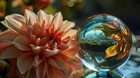 Colorful dahlia flowers and crystal ball on dark background.の素材
