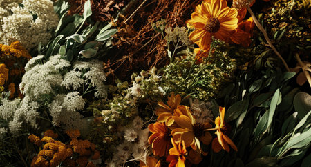 Variety of dried flowers and herbs for sale in a flower shopの素材