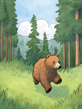 Cartoon illustration of a brown bear running in the forest, vectorの素材