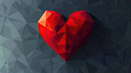 Red polygonal heart on black background. Low poly style.の素材