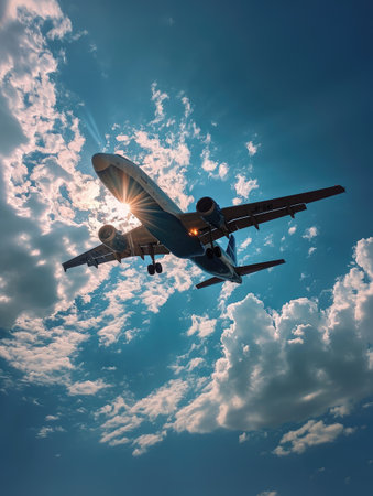 Airplane flying in the blue sky with sun rays and lens flareの素材