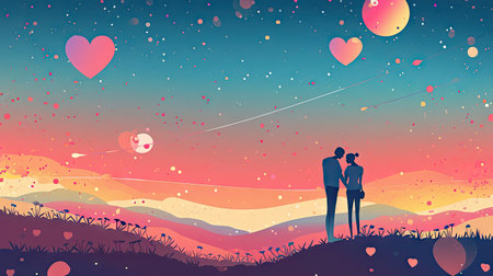 Couple in love on the background of a beautiful landscape. Vector illustrationの素材