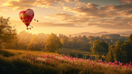 Colorful hot air balloon in the shape of a heart against the background of a beautiful landscapeの素材