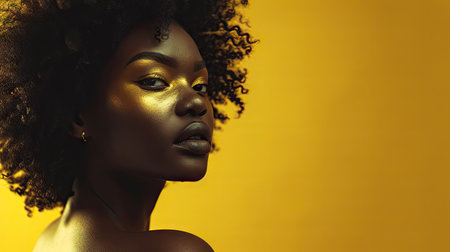 Beautiful african american woman with afro hairstyle and makeup on yellow backgroundの素材