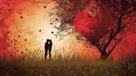 valentine's day background with couple kissing in the meadowの素材