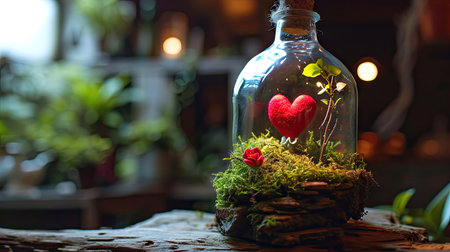 Red heart in a glass bottle with moss on a wooden table.の素材