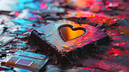 Close-up of a broken computer chip with a heart in the centerの素材
