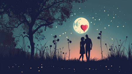 Romantic couple in love on the meadow with full moon and flowersの素材