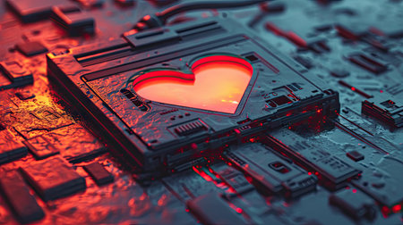 3d illustration of a red heart on the motherboard of a computerの素材