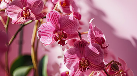 Beautiful pink orchid flowers on pink background, close-upの素材