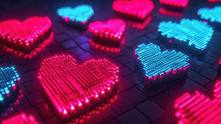 3d rendering of a lot of colorful hearts on a dark backgroundの素材