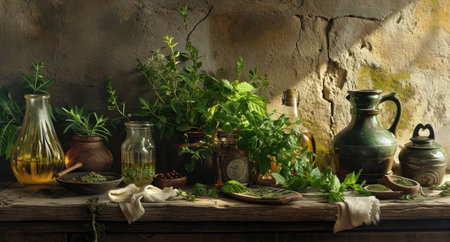 Herbs and spices on a wooden table in a rustic settingの素材