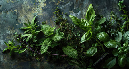 Variety of fresh herbs on rustic background. Top view.の素材