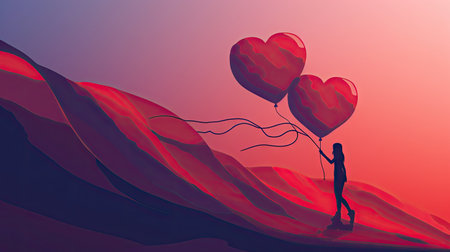 Valentine's day background with woman and heart shaped balloons.の素材