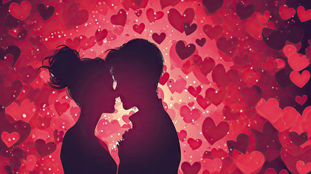 Silhouette of a loving couple on a background of hearts.の素材
