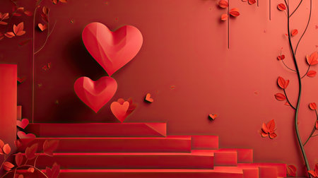 Valentine's day background with red paper cut hearts and red stairs, 3d renderingの素材