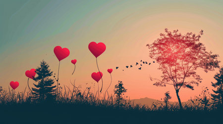 Valentine's day background with heart shaped balloons and trees.の素材