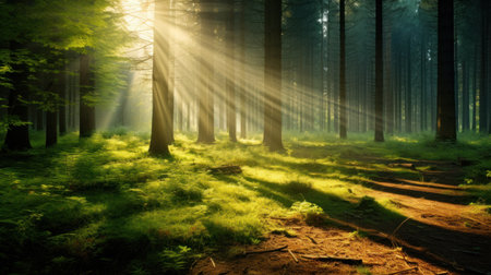 Photo for Beautiful morning in the forest with sun rays passing through the trees - Royalty Free Image