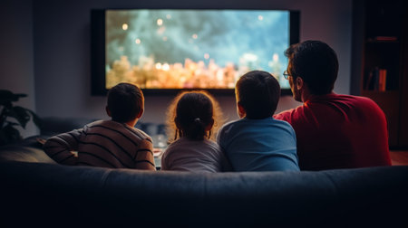 Family watching movie on tv at home in the living room at nightの素材