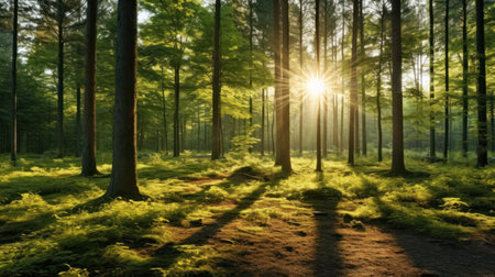 Sunset in the forest with sun rays shining through the trees.の素材