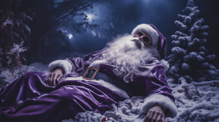 Santa Claus lying on the snow in the forest. Christmas theme.の素材